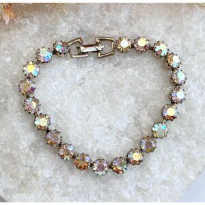 Gold Toned Iridescent Rhinestoned Vintage Costume Jewelry Tennis Bracelet - 7"